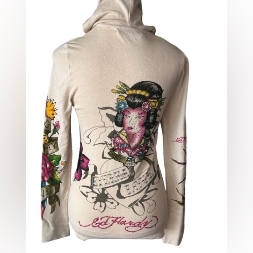 NWT Vintage ED HARDY Hoodie Sweater Cream Birds Enbroidered Designer Cardigan